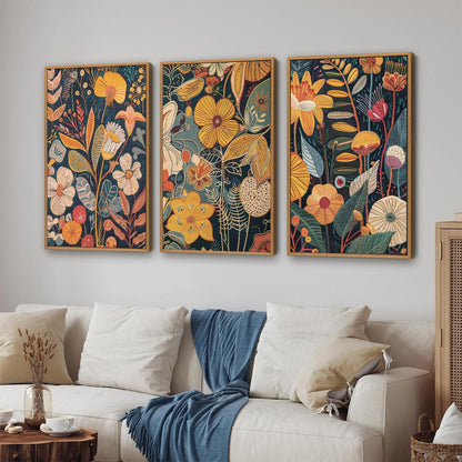 SIGNINART Orange Floral Framed Canvas Wall Art Set of 3, Mid Century Modern Flower Wall Decor