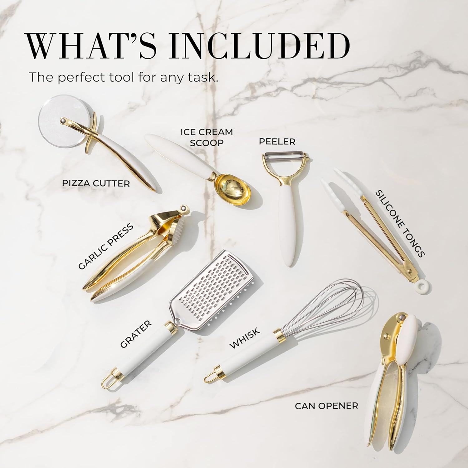 White & Gold Cooking Utensils Set - Luxe 8-Piece Kitchen Gadget Set Includes Can Opener, Tongs and