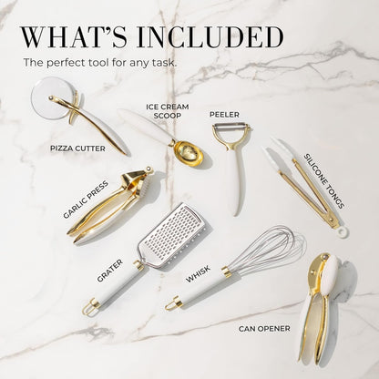 White & Gold Cooking Utensils Set - Luxe 8-Piece Kitchen Gadget Set Includes Can Opener, Tongs and