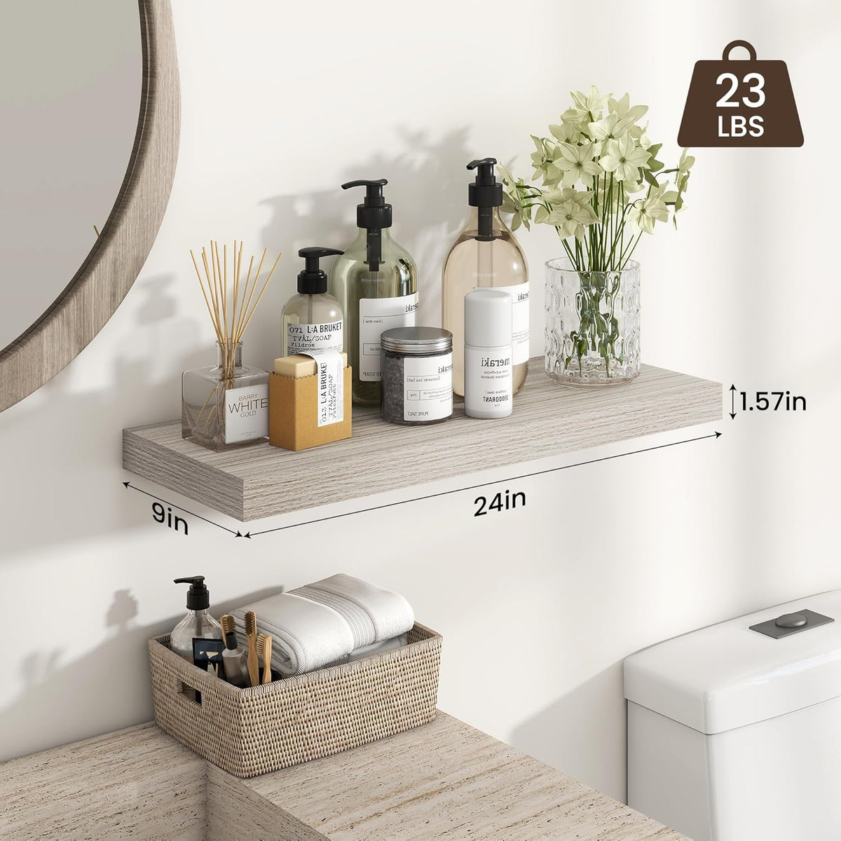 Heimlove 24 inch Floating Shelves for Wall,9.3 inch deep Grey Bathroom Over Toilet Shelf,Wall