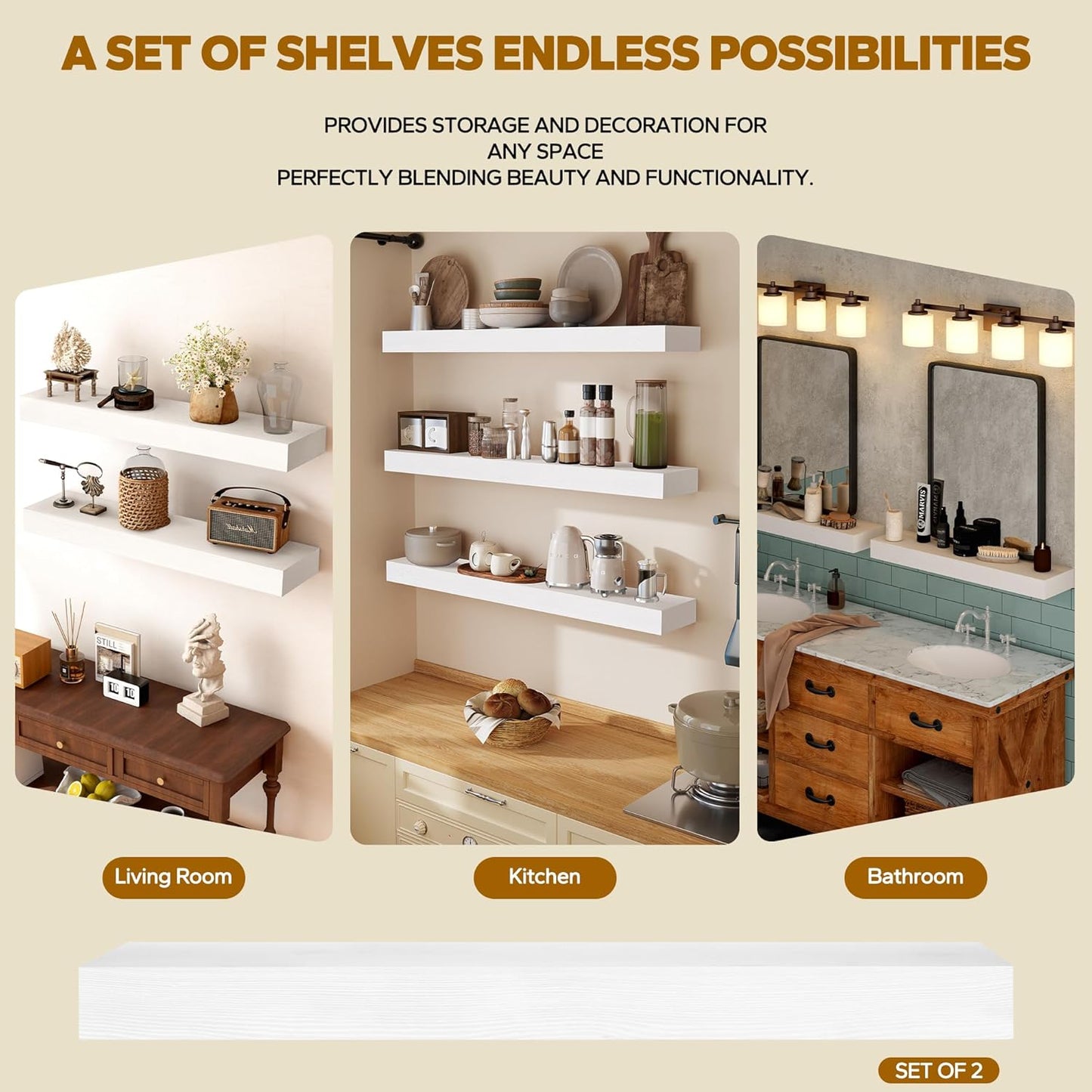 Floating Shelves 3 inch Thick for Wall Set of 2,Solid Pine Wood Wall Mount Shelf for Kitchen Living