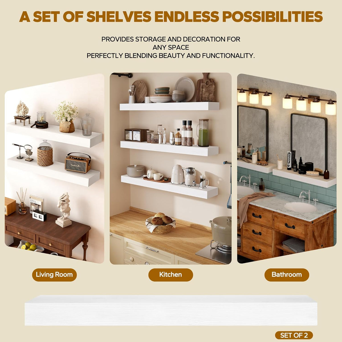 Floating Shelves 3 inch Thick for Wall Set of 2,Solid Pine Wood Wall Mount Shelf for Kitchen Living