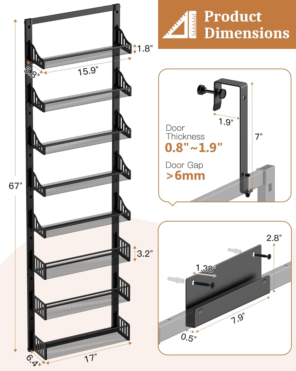 8-Tier Over the Door Pantry Organizer, Large Metal Door Spice Rack with Adjustable Basket, 2 in 1