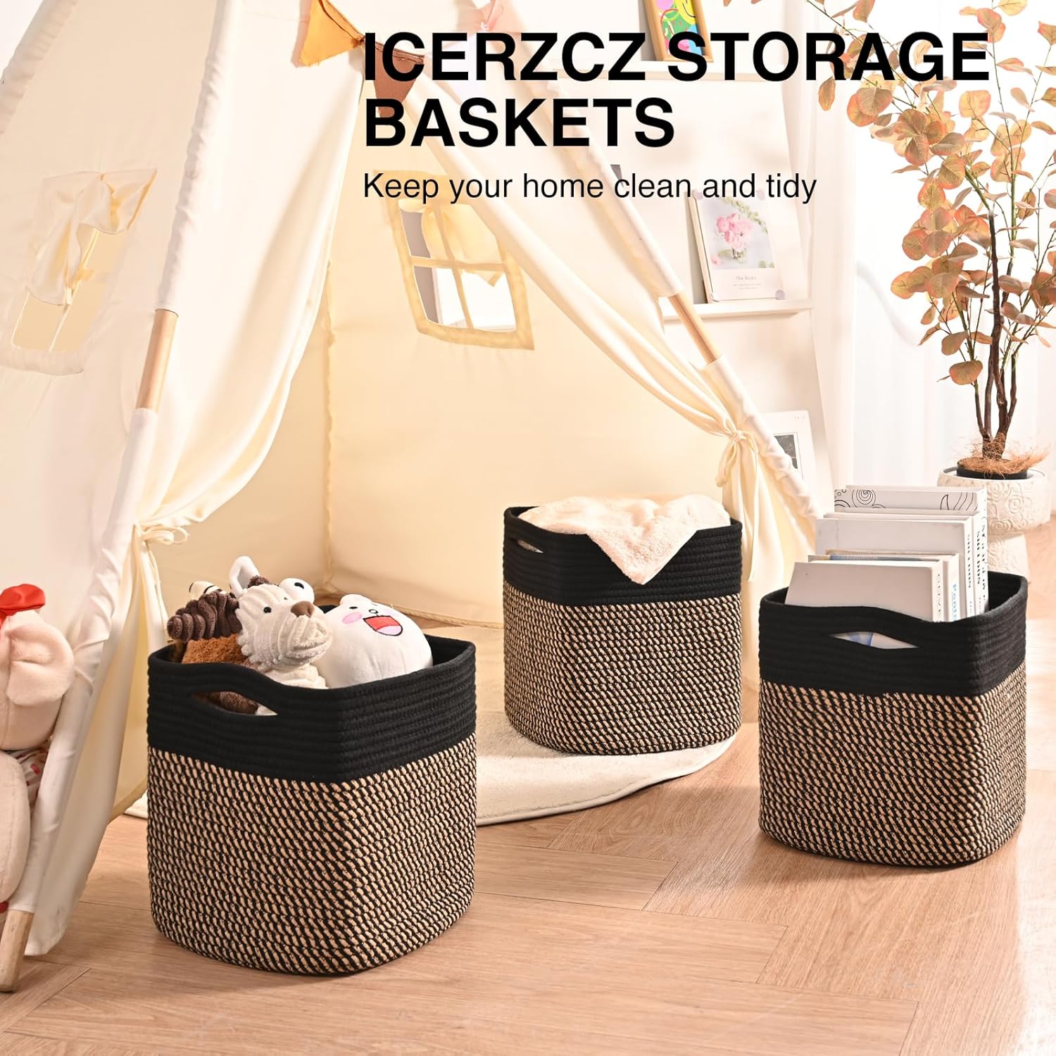 11 Inch Cube Storage Bins, Storage Cube Organizer Bins, Woven Cotton Rope Baskets for Storage