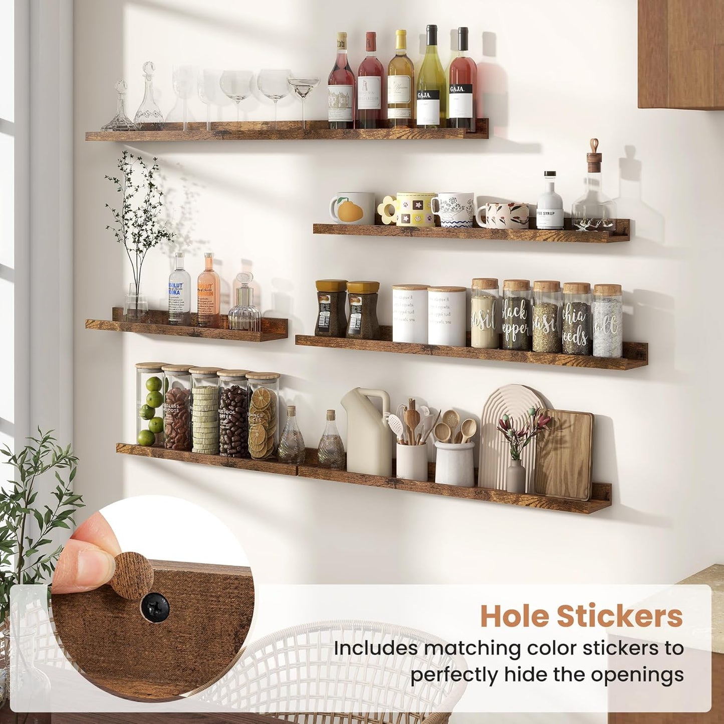 Fun Memories Picture Ledge Shelves Set of 2, 48 Inch Rustic Wall Mounted Floating Shelves with Lip