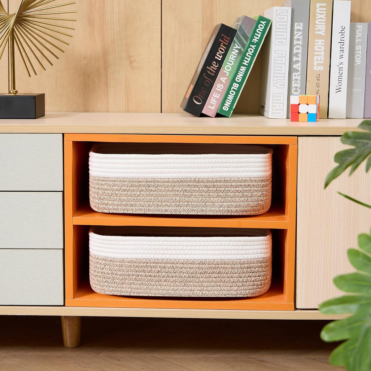 Large Shallow Organizing Baskets 15x11x5.1 Inches - Rope Woven Storage Bins for Bathroom, Shelves