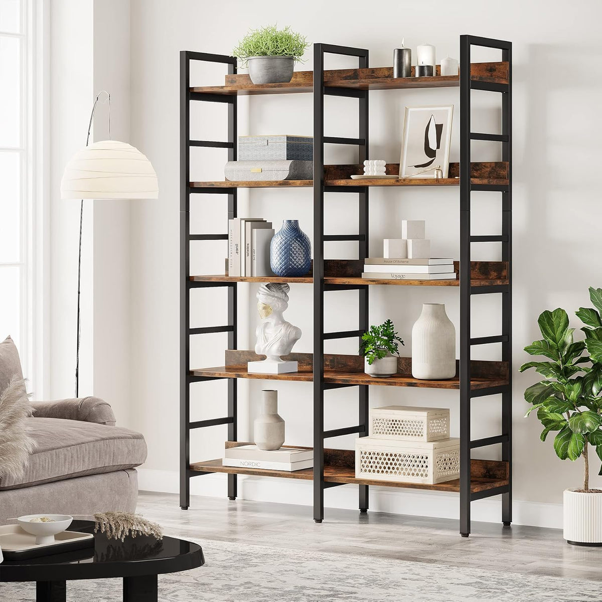 Tribesigns 5-Tier Industrial Bookshelf, 71”H x 47”W Etagere Bookcase, Freestanding Double Wide Book