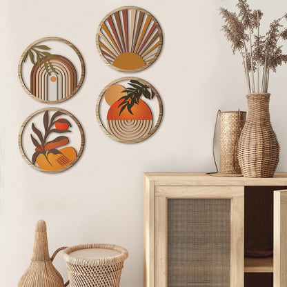 Qunclay 4 Pieces Boho Wall Art Wooden Bohemian Wall Decor Hanging Art Nursery Decor Farmhouse