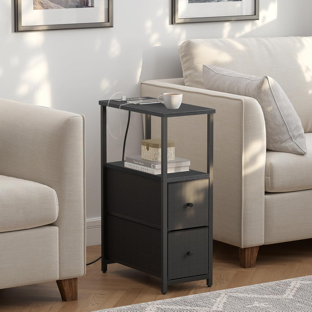 TUTOTAK Small Narrow End Table with Charging Station, Side Table with Outlets, Nightstand with 2