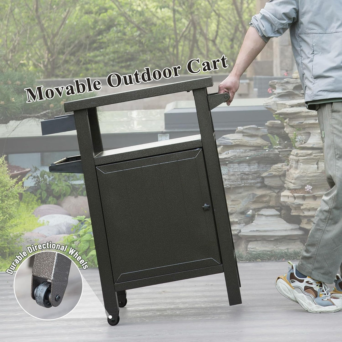 Domi Grill Carts Outdoor with Storage and Wheels, Whole Metal Portable Table and Storage Cabinet
