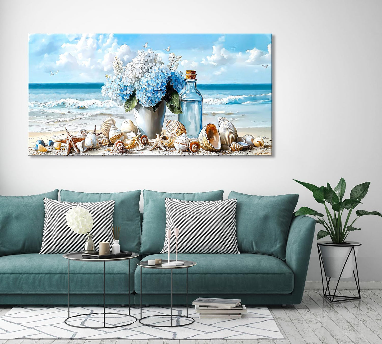 LASMOND Romantic Beach Wall Art for Living Room Blue Shells Conch Vase Canvas Prints Modern Large
