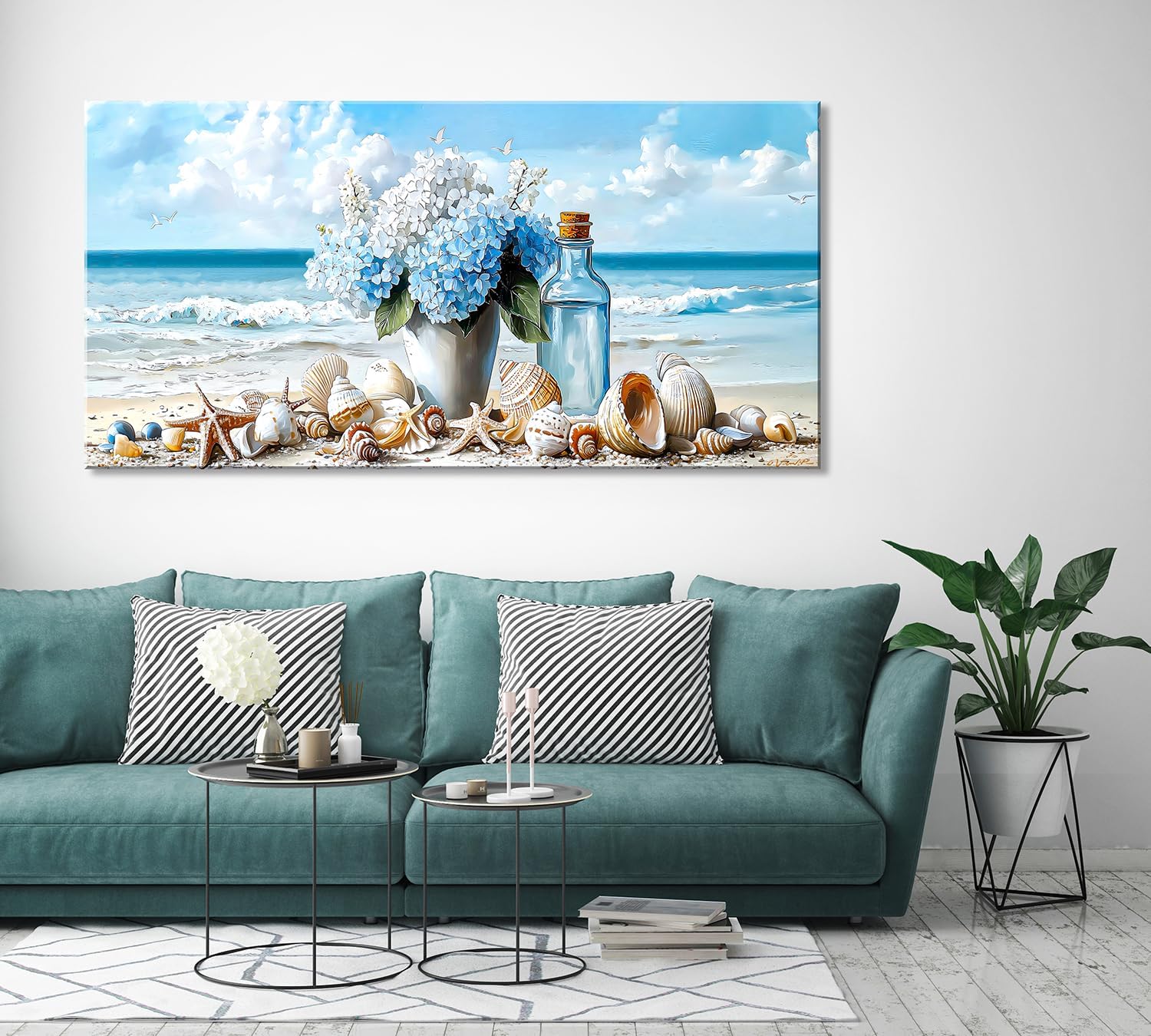 LASMOND Romantic Beach Wall Art for Living Room Blue Shells Conch Vase Canvas Prints Modern Large