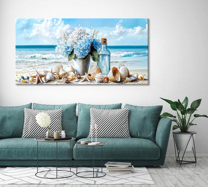 LASMOND Romantic Beach Wall Art for Living Room Blue Shells Conch Vase Canvas Prints Modern Large
