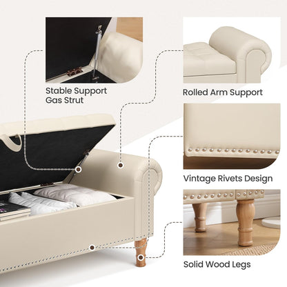 Storage Ottoman Bench for Bedroom, 51" Upholstered Bench with Rolled Arms and Vintage Rivets for