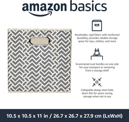 Amazon Basics Collapsible Cube Storage Organizer Bins, 6-Pack, 10.5 x 10.5 x 11 inches, Chevron Grey