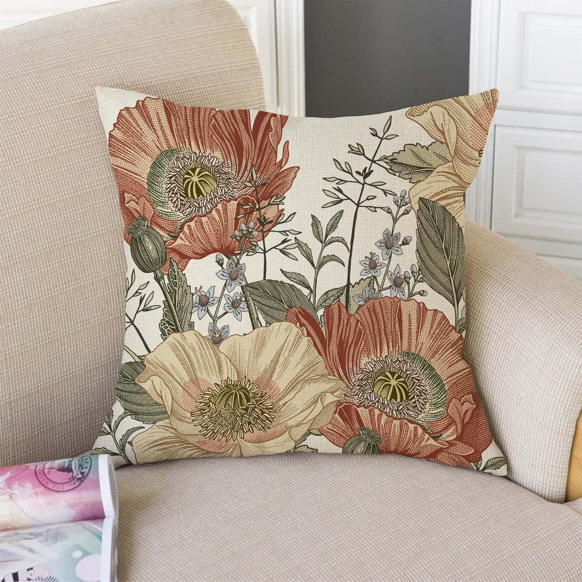 TSSOHU Vintage Flowers Pillow Cover Rustic Cotton Linen Decorative Square Throw Pillow Cover 18x18