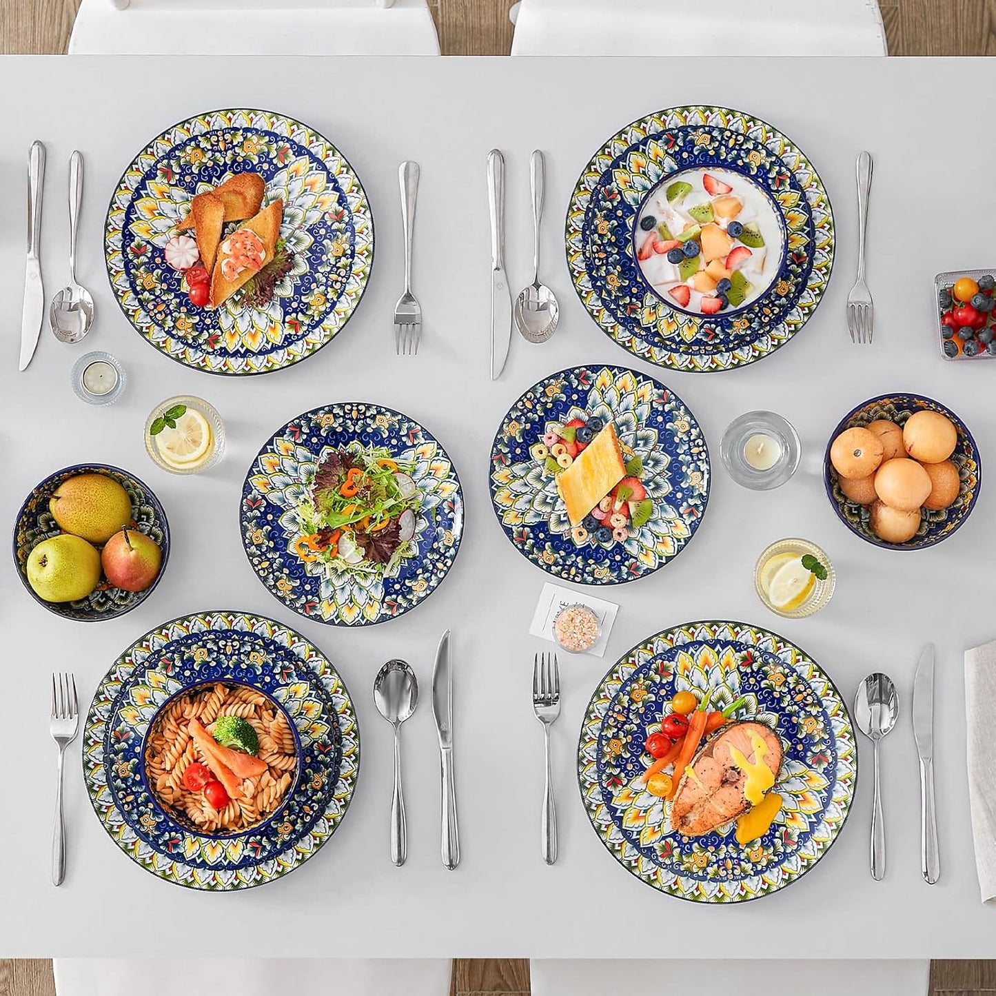 vancasso 12 Pieces Dinnerware Sets, Blue Plates and Bowls Set, Porcelain Dishes Set for 4