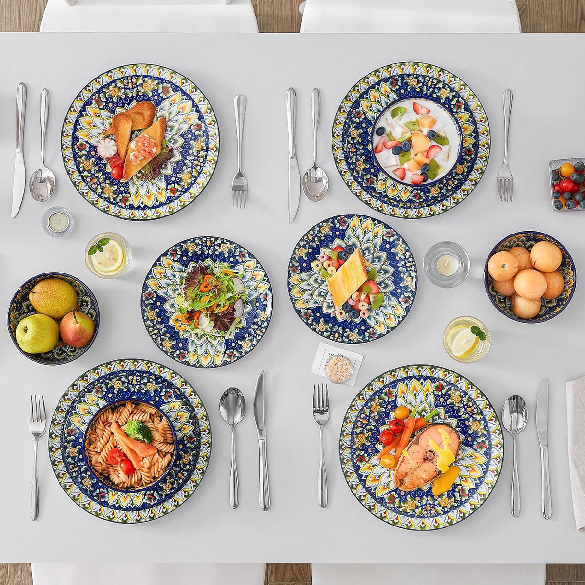vancasso 12 Pieces Dinnerware Sets, Blue Plates and Bowls Set, Porcelain Dishes Set for 4