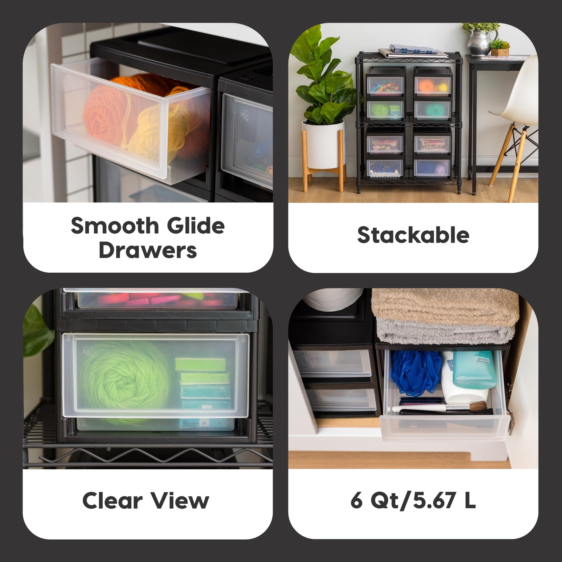 IRIS USA 2-Pack, 6 Qt. Small Stacking Drawer Storage Organizer, Black