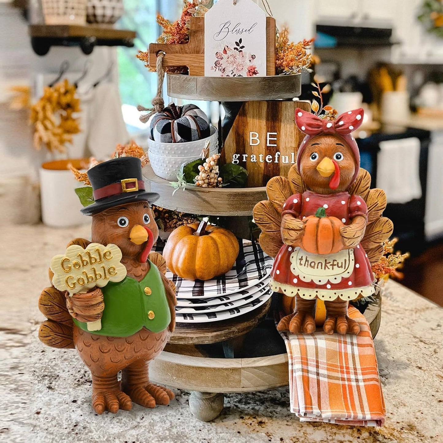 Thanksgiving Turkey Decor - 2Packs Resin Turkey Couple Standing Figurines Thanksgiving Decorations
