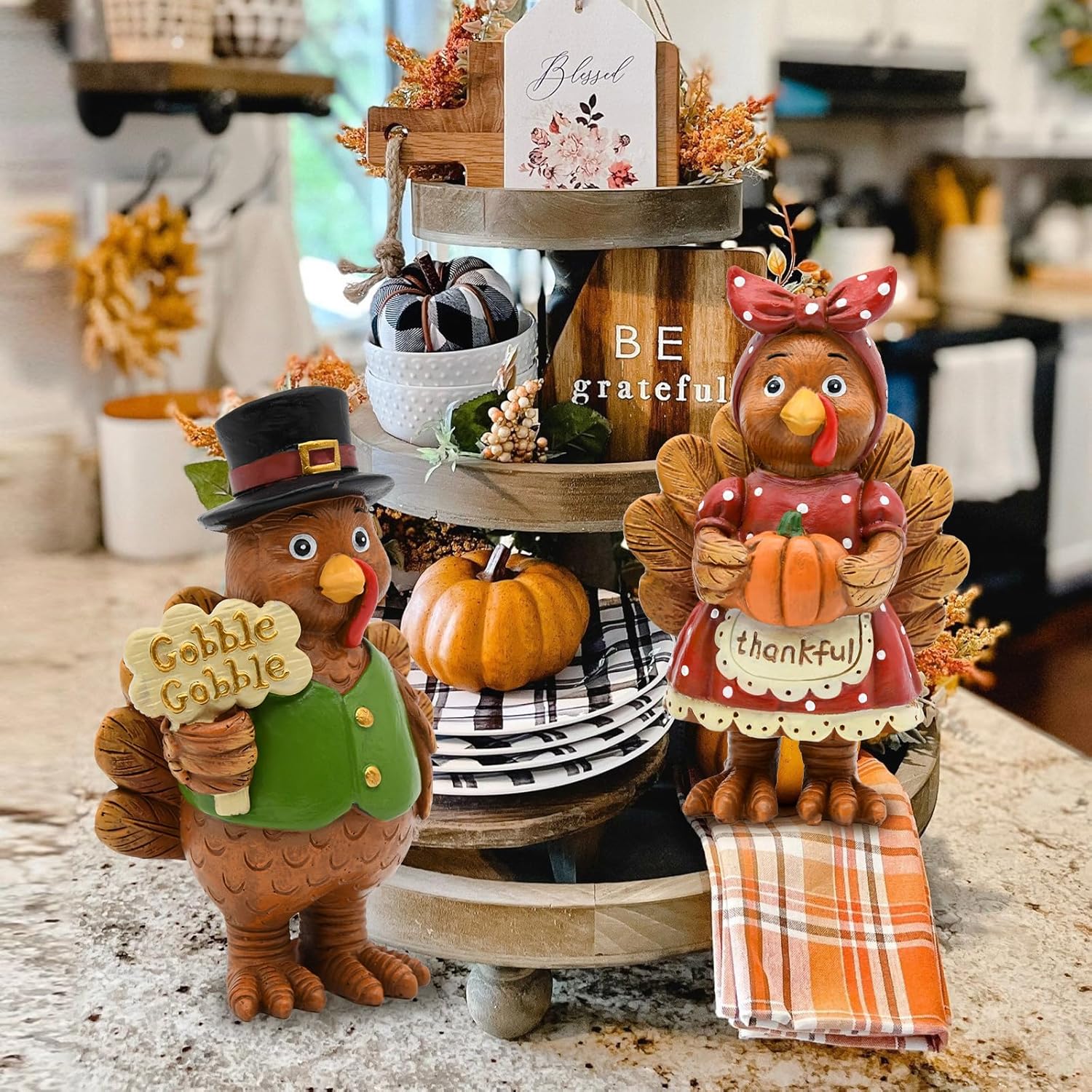 Thanksgiving Turkey Decor - 2Packs Resin Turkey Couple Standing Figurines Thanksgiving Decorations