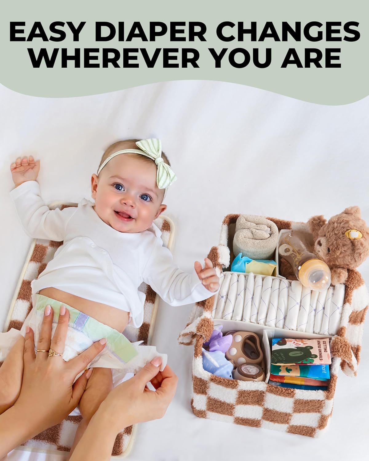Checkered Diaper Caddy Organizer with Portable Changing Mat - Teddy Fleece Diaper Organizer for