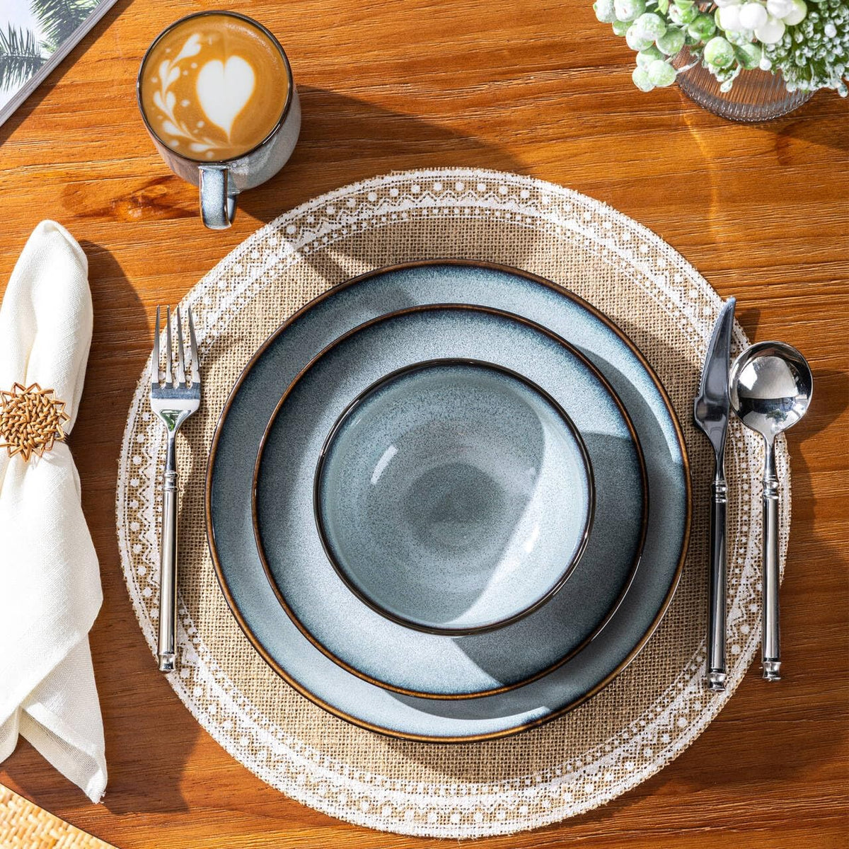 LERATIO Ceramic Dinnerware Sets for 4,16-Piece Reactive Glaze Plates and Bowls Set with Mugs,Highly