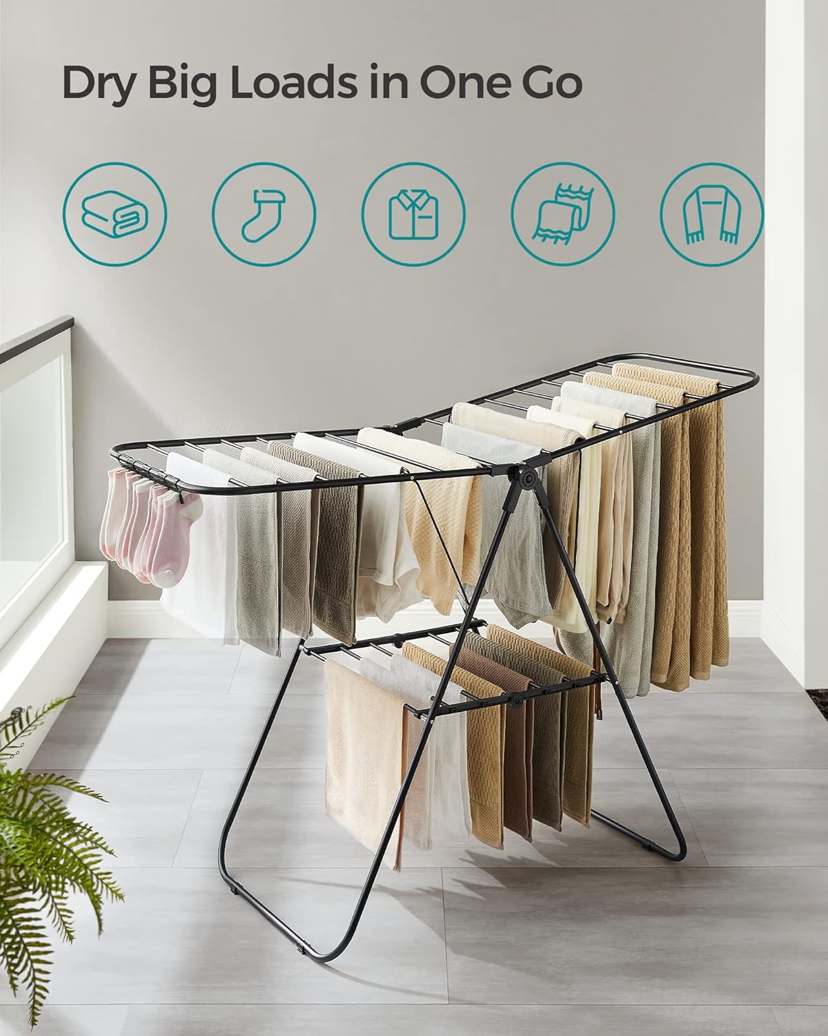 SONGMICS Clothes Drying Rack, with Sock Clips, Metal Laundry Rack, Foldable, Space-Saving