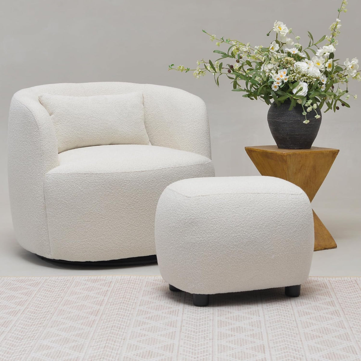 KINWELL 34" Wide 2 Boucle Swivel Barrel Chairs and 2 Ottomans Set, Fully Assembled Sherpa Accent
