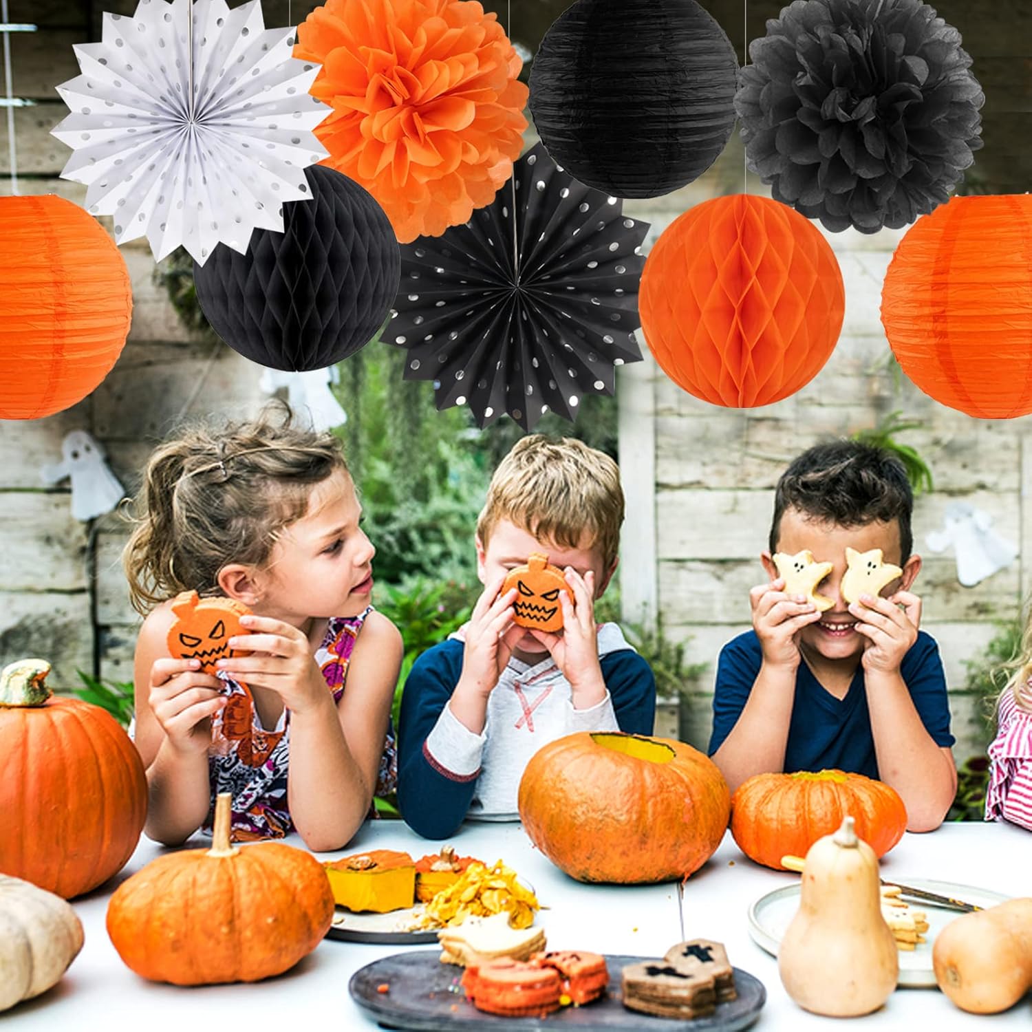 Black Orange White Halloween Party-Decorations - 14pc Kit Paper Lanterns Fan,Tissue Flower Pom Poms