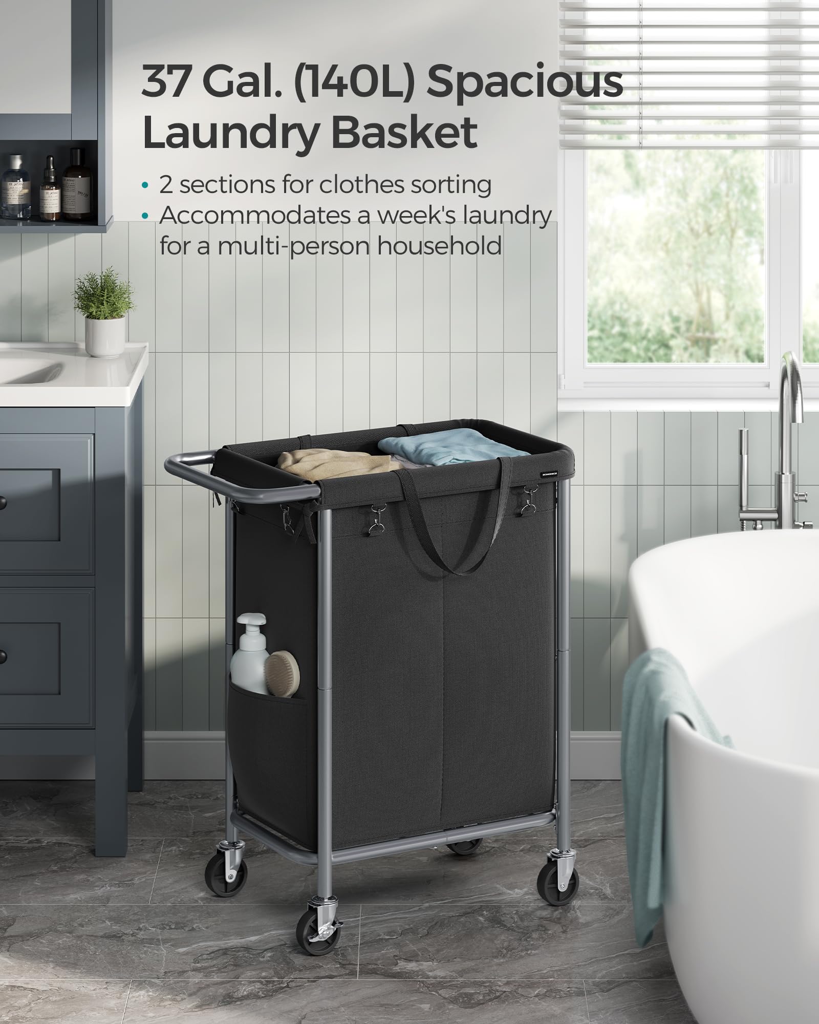 SONGMICS Laundry Basket with Wheels, 2-Section Rolling Laundry Hamper, 37 Gallons (140 L)