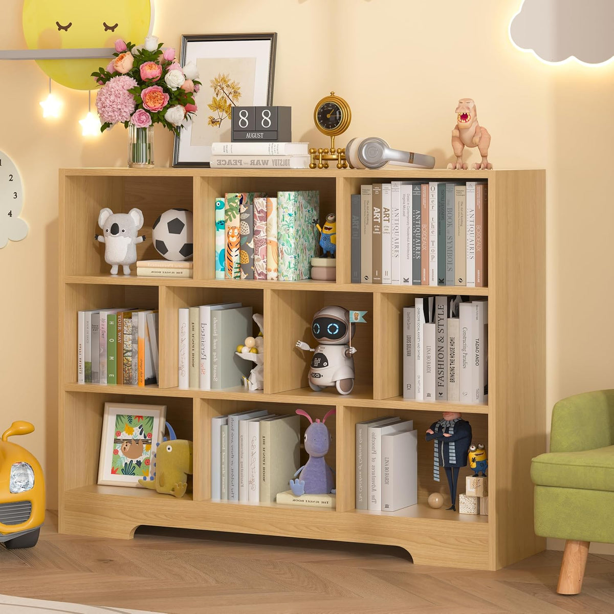 Book Shelf Set of 2, 10 Cubes Storage Organizer, 3-Tier Open Bookshelf Wooden Bookcase