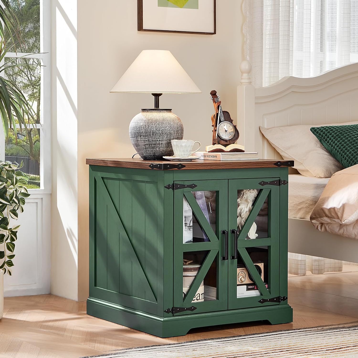24" End Table with Charging Station, Farmhouse Night Stand with Glass Barn Door, Green Nightstands