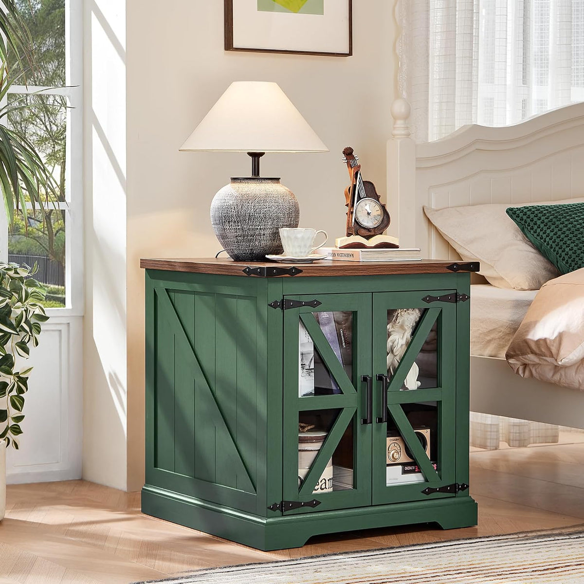 24" End Table Set of 2 with Charging Station, Farmhouse Night Stand with Glass Barn Door