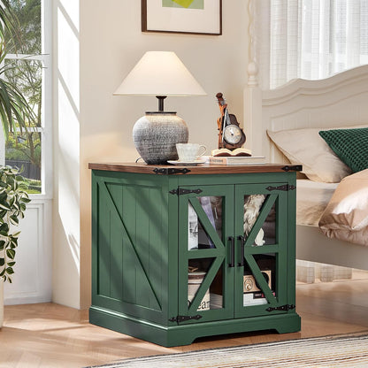 24" End Table Set of 2 with Charging Station, Farmhouse Night Stand with Glass Barn Door