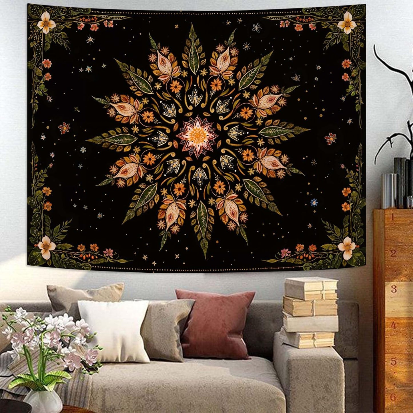Fowocu Boho Floral Mandala Tapestry for Bedroom Aesthetic Vintage Bohemian Flower Wall Tapestry