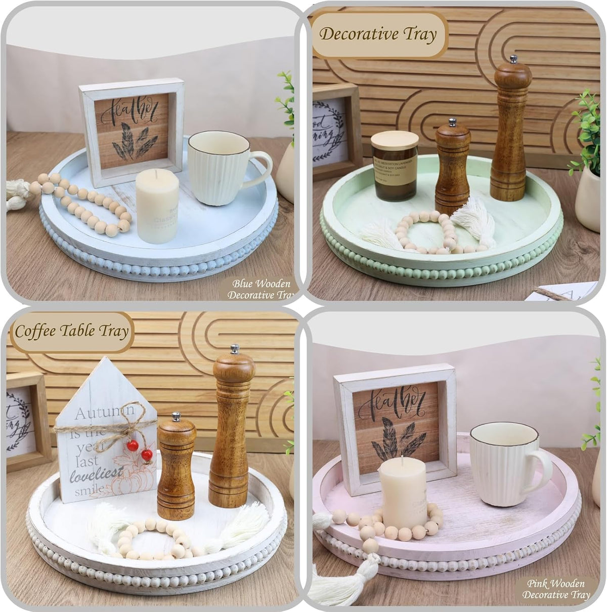 Round Burnt Wood Serving Tray with Beads, Wooden Decorative Tray for Entertaining, Decoration, and
