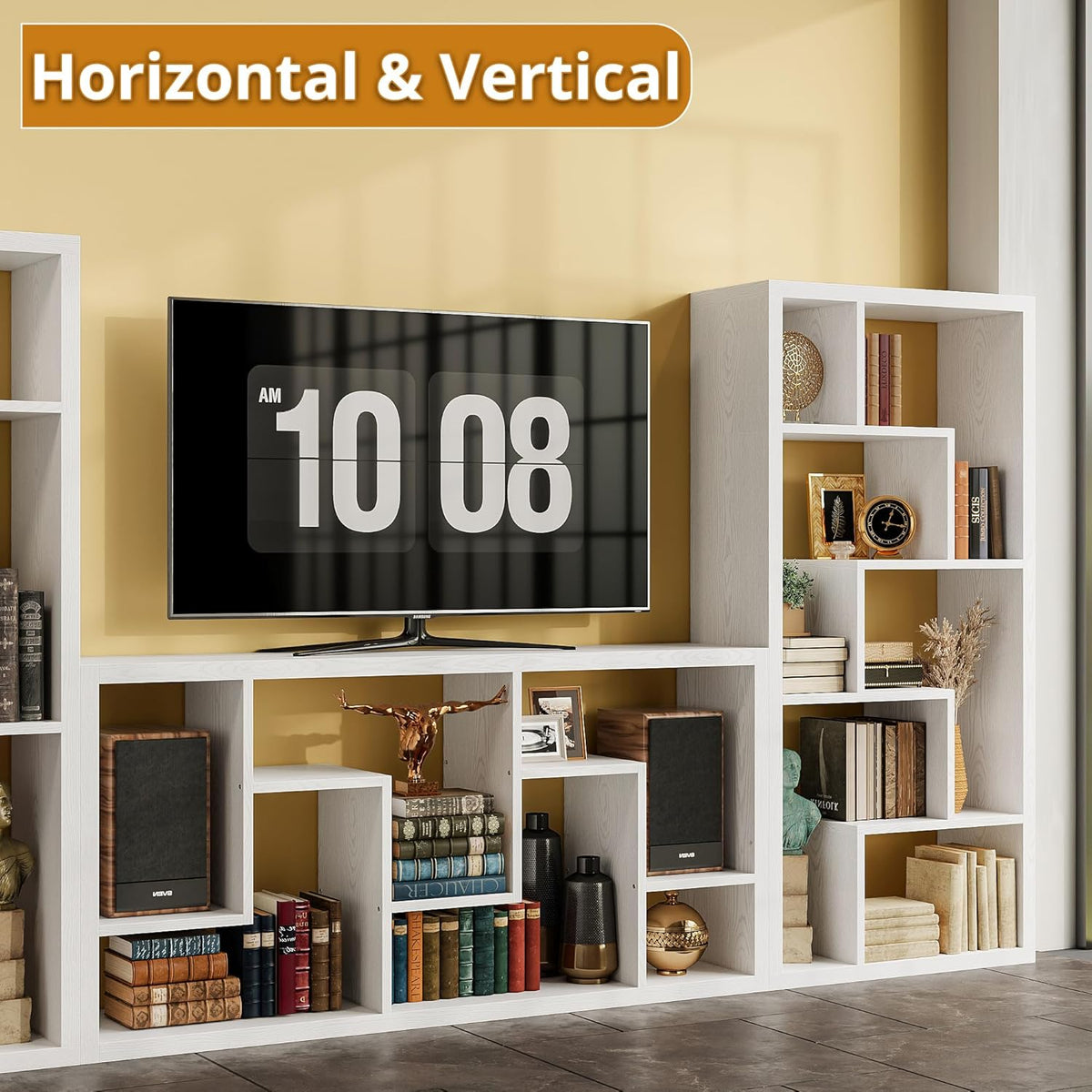 IRONCK Geometric Bookcase 6-Shelf Industrial Bookshelf White Etagere Bookcase Tall Storage Display