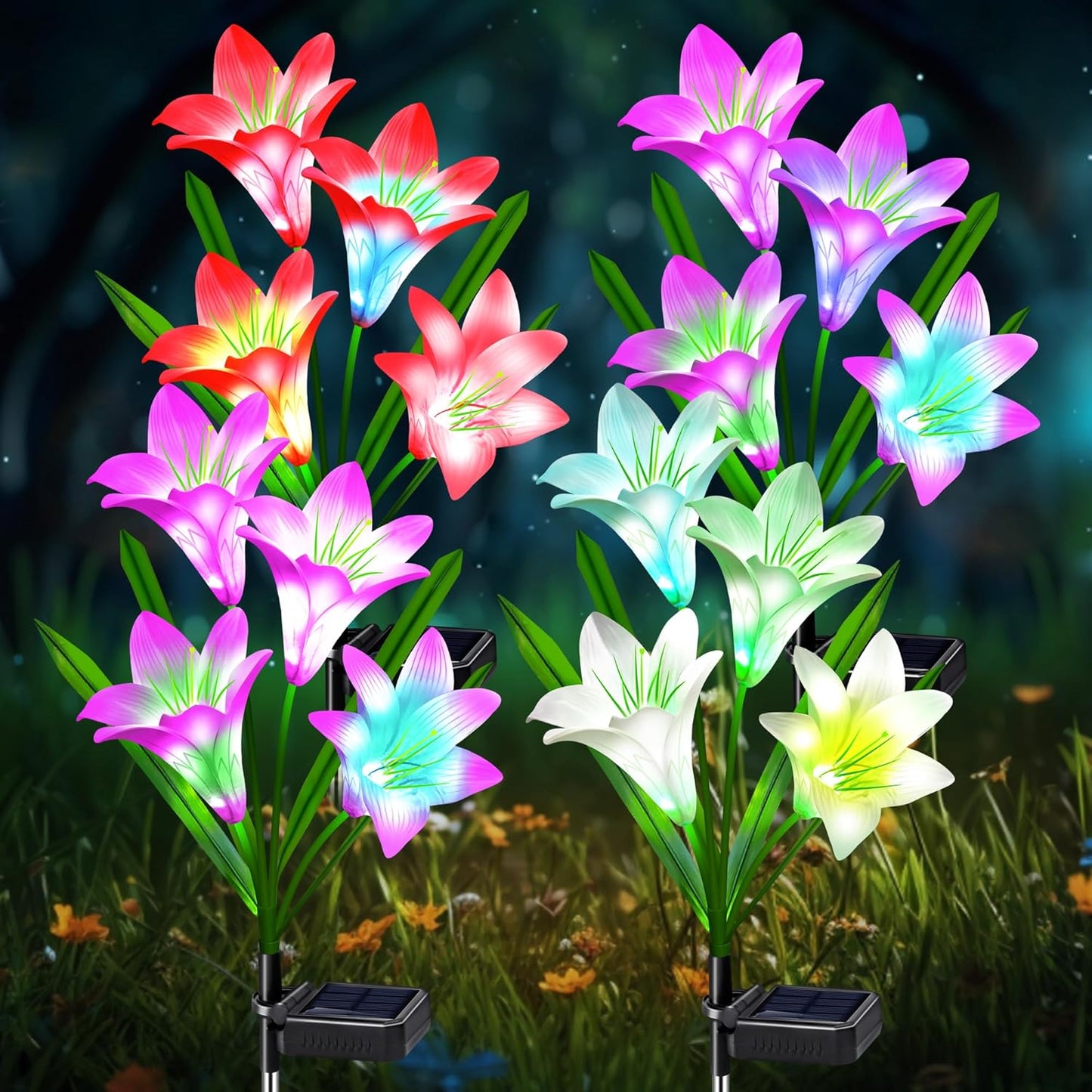 Solar Lights Outdoor Waterproof, 4 Pack Garden Decor Lights, 16 Multi-Color Changing Lily Solar