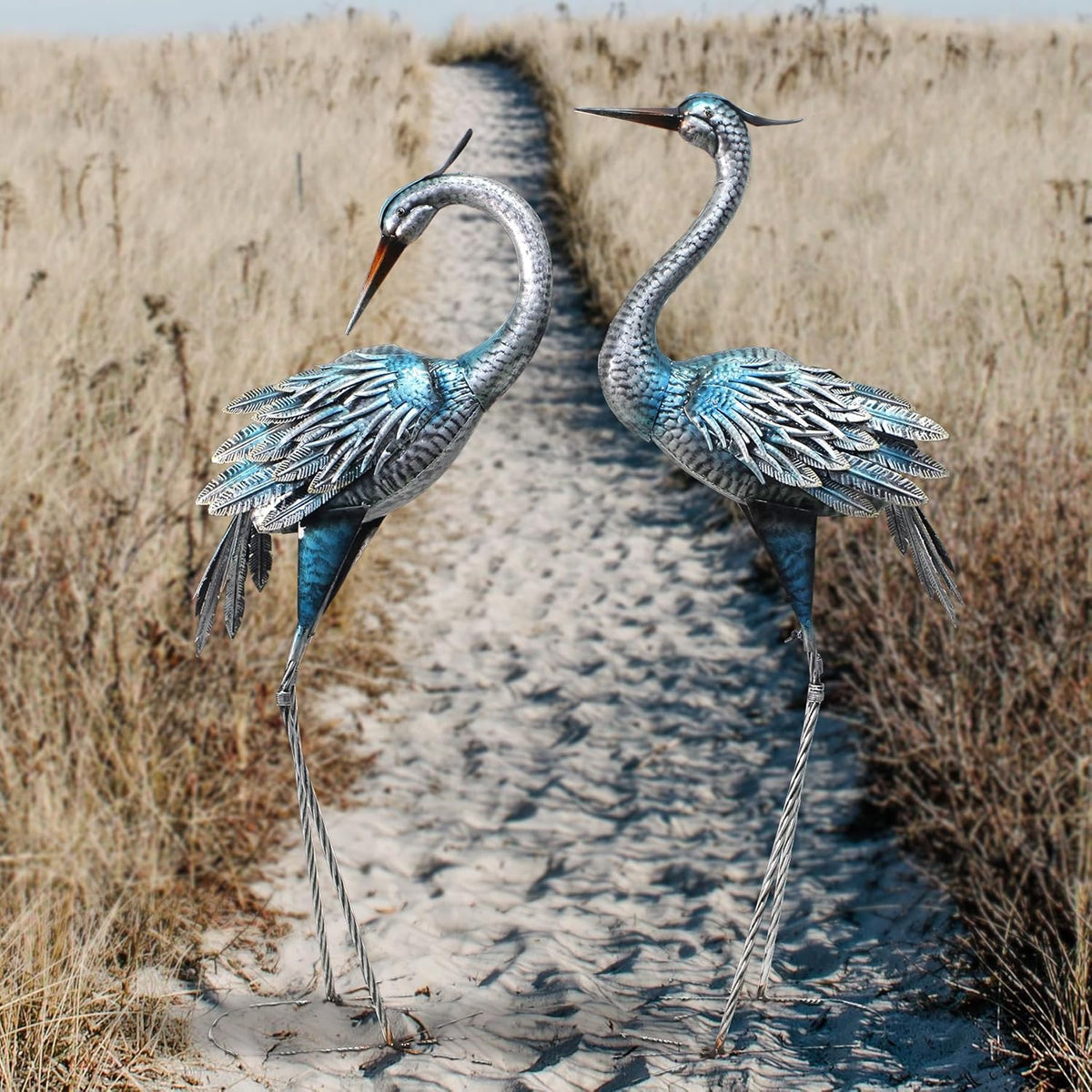Crane Decor Statues, Blue Heron Garden Statues Metal Yard Art Outdoor Decoy, Garden Sculptures for