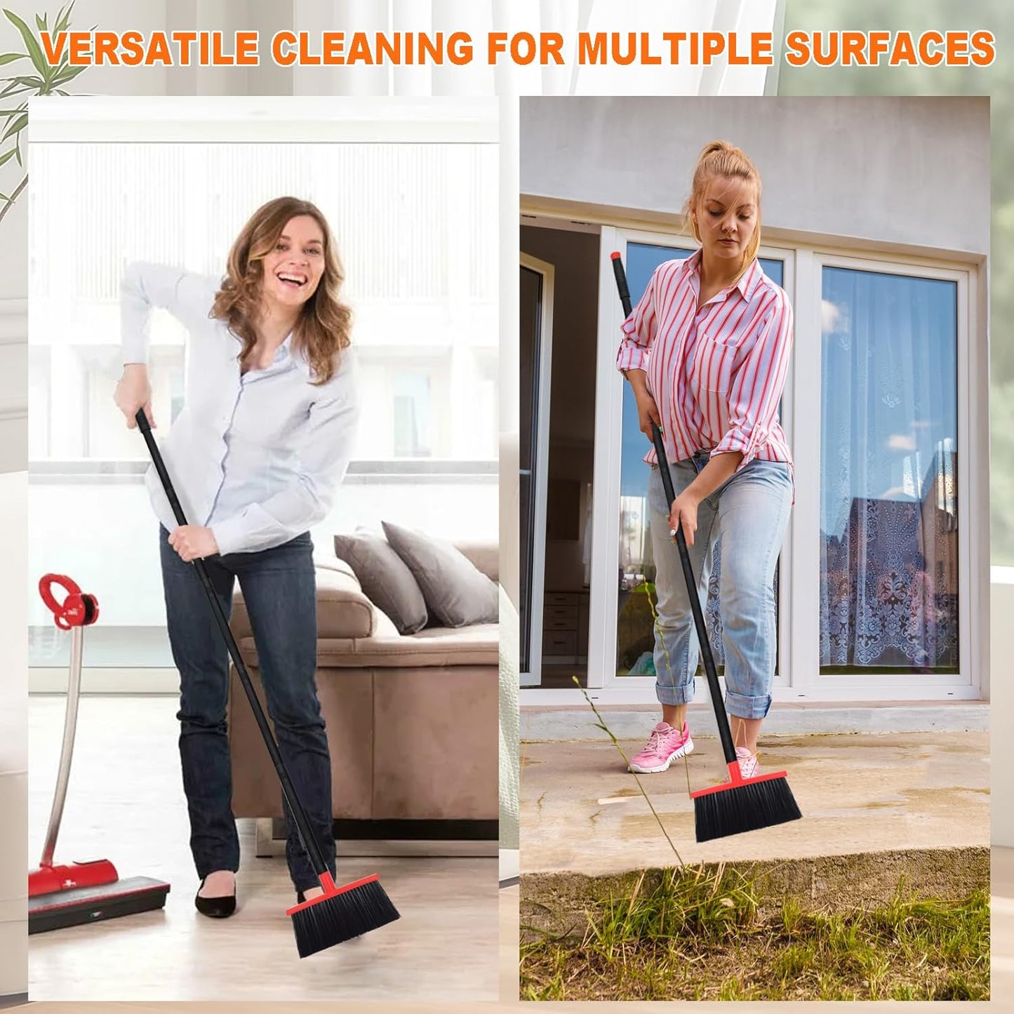 Small Broom Stiff Bristles Brush with Long Handle Indoor or Outdoor Compact Broom for Sweeping