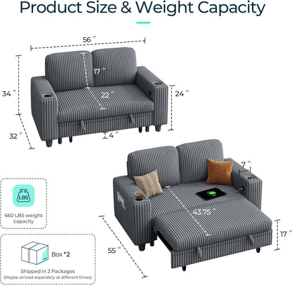 LINSY HOME Loveseat Sofa with Pull Out Couch: 2-in-1 Convertible 2 Seater Sofa Chaise with USB