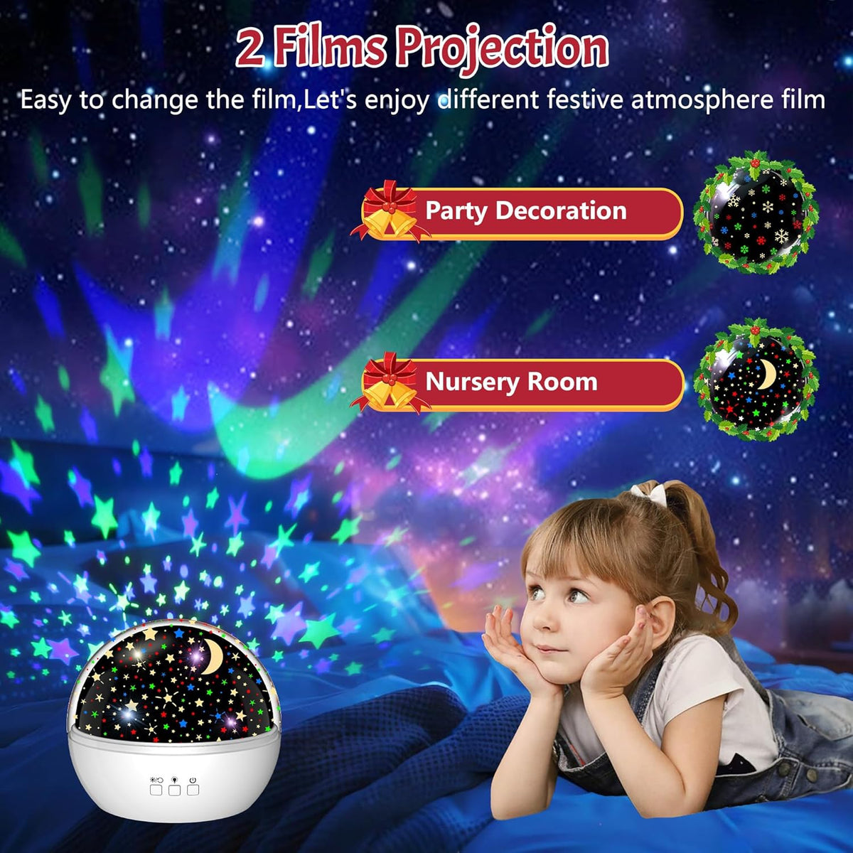 Star Projector Night Light for Kids, Baby Night Lights with Snowflake & Starry Theme, 360 Degree