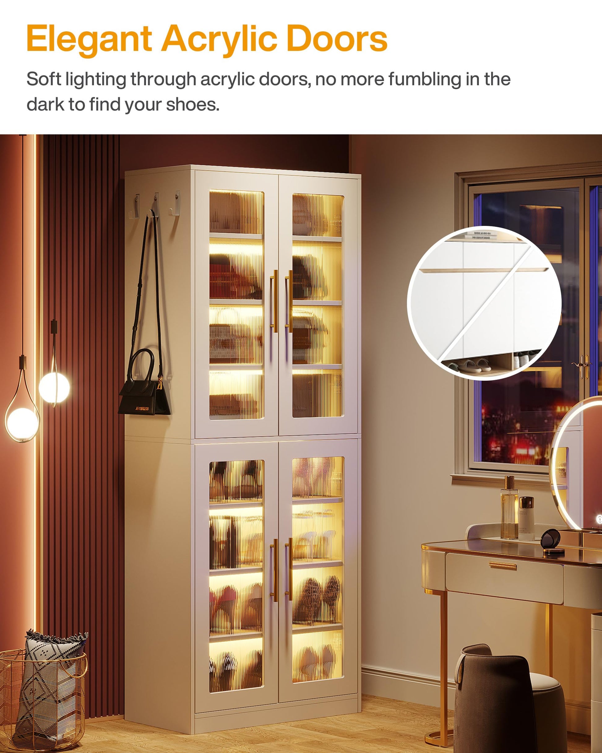 Tribesigns Tall Shoe Storage Cabinet with Acrylic Doors and LED Lights, 8-Tier Entryway Shoe