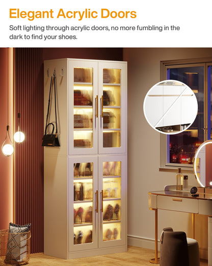 Tribesigns Tall Shoe Storage Cabinet with Acrylic Doors and LED Lights, 8-Tier Entryway Shoe