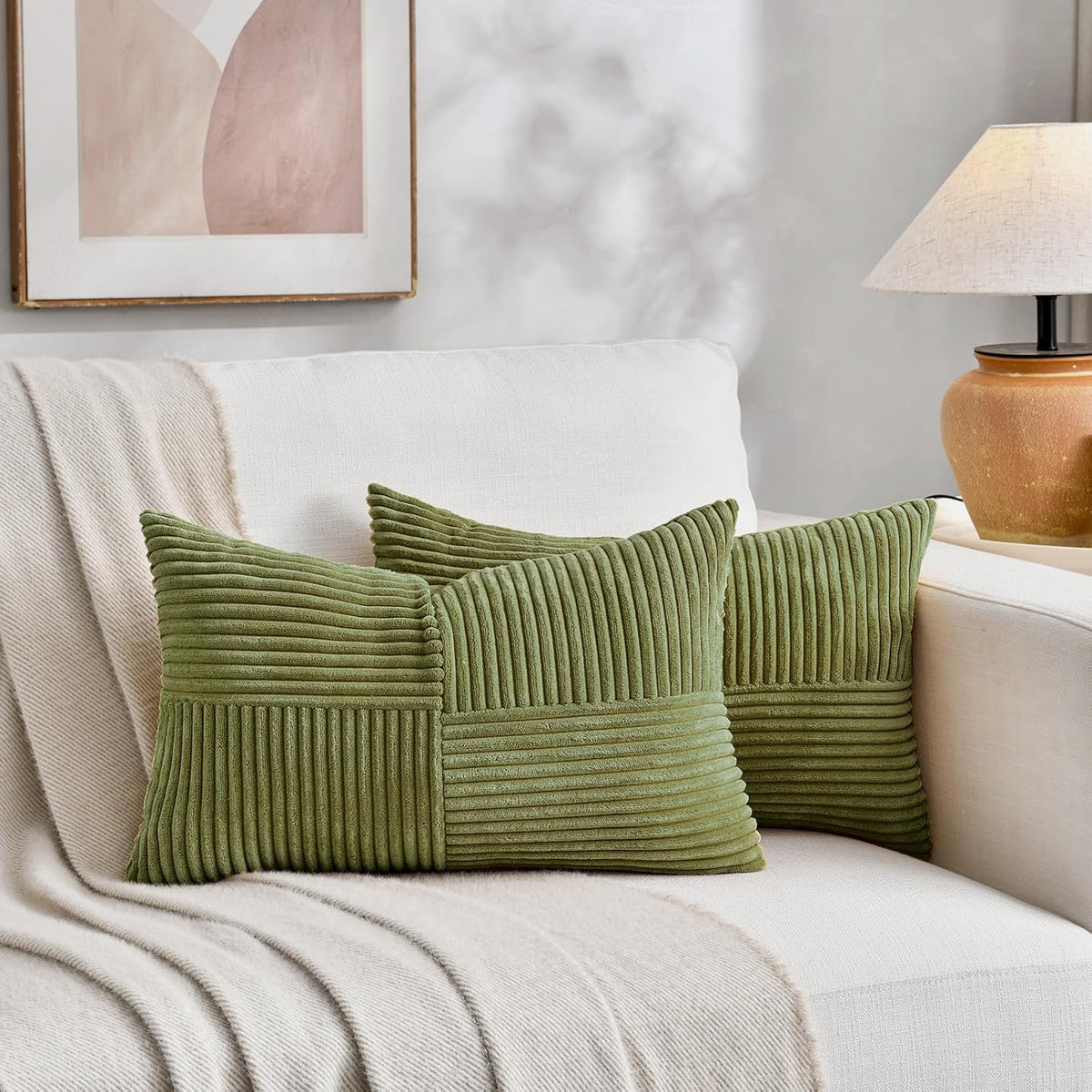 Fancy Homi 2 Packs Moss Green Long Lumbar Decorative Throw Pillow Covers 12x24 Inch for Couch Bed