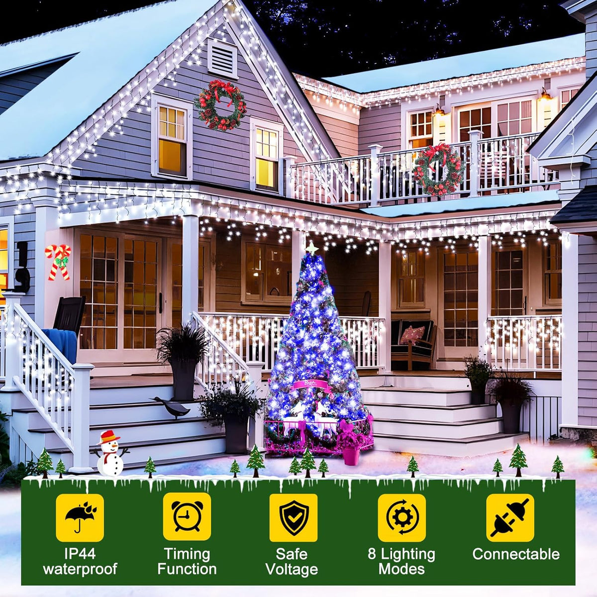 KNONEW 33FT 400 LED Christmas Lights Outdoor Black Wire String Lights with 75 Drops, 8 Lighting