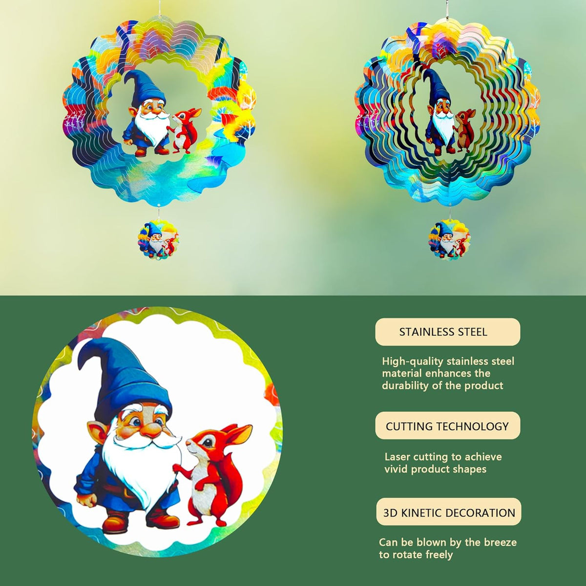Gnomes Hanging Wind Spinners,12 Inch 3D Garden Spinner Kinetic Art Garden Decorations，Stainless