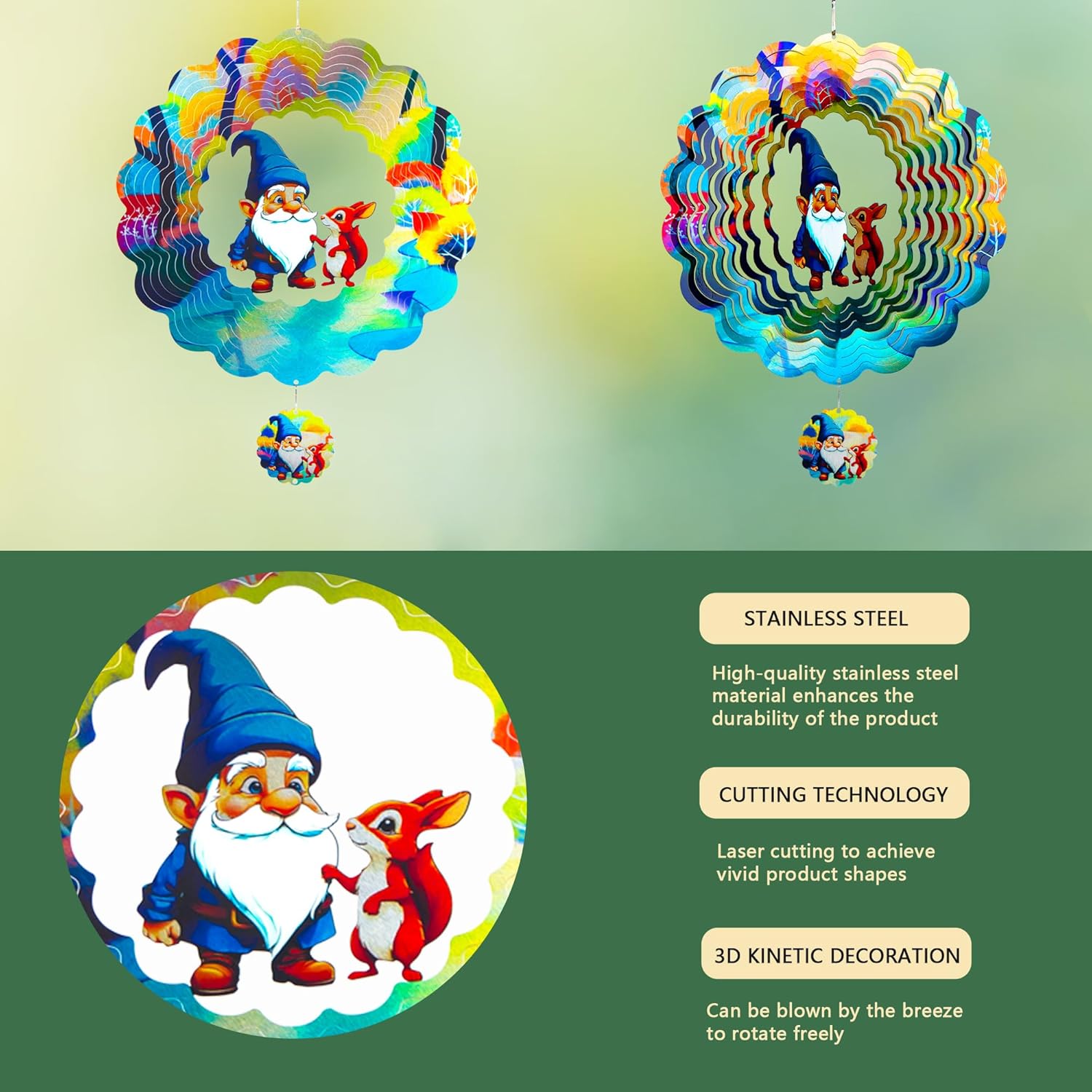 Gnomes Hanging Wind Spinners,12 Inch 3D Garden Spinner Kinetic Art Garden Decorations，Stainless