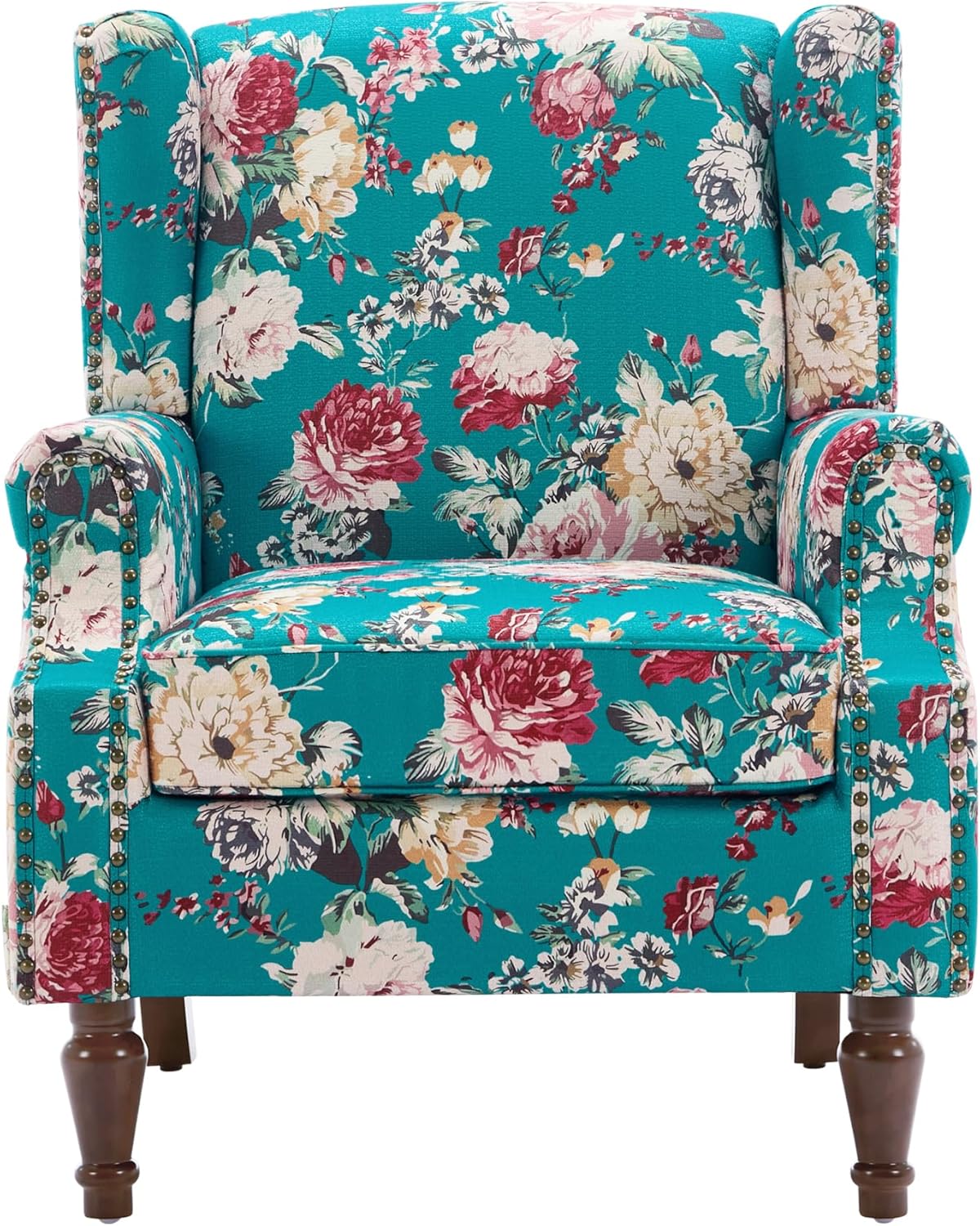 UIXE High Back Floral Accent Chair, Upholstered Armchair in Fabric, Retro Printed Wingback Arm